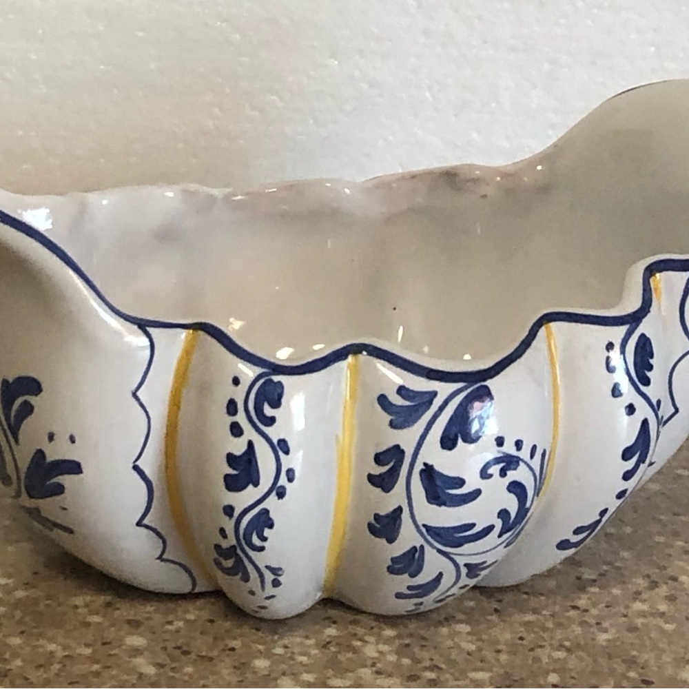 Deruta Italy Pottery Blue and White Decorative Ceramic Bowl with Yellow Accents